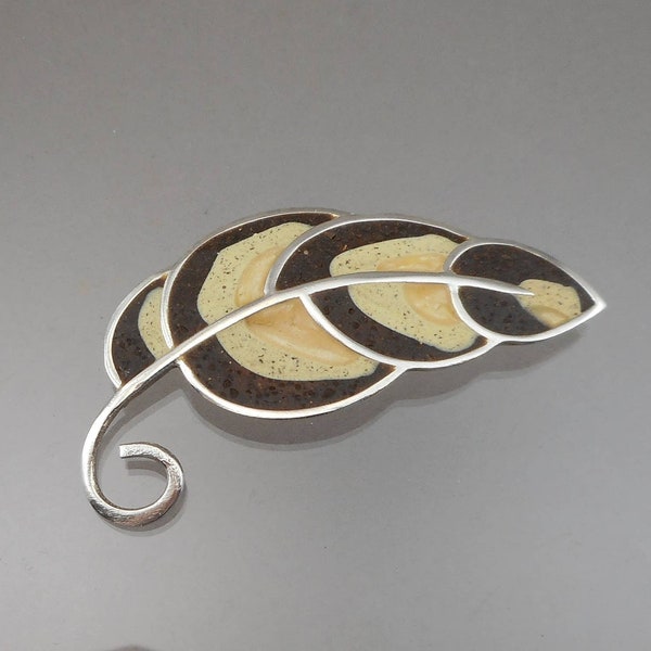 Large Vintage David Urso Artisan Crafted Brooch - Leaf or Feather Pin - Handmade, Resin Inlay, Sterling Silver - American Jewelry Artist