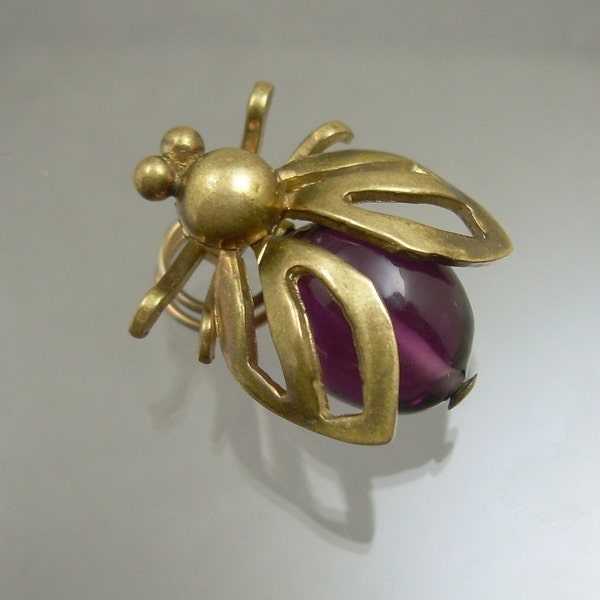 Antique Victorian Bee Twist Pin - Brass and Purple Glass Bead Brooch