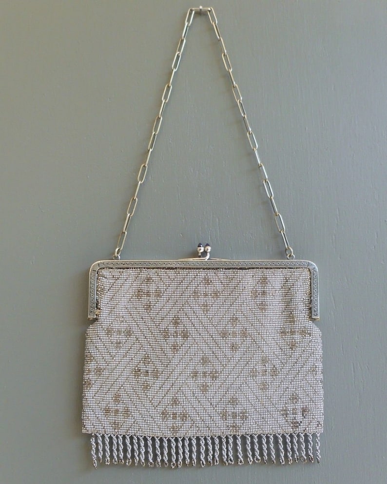 Antique French Art Deco or Edwardian Silver Steel Cut Micro Beads Purse Evening Bag Geometric Design with Fringe