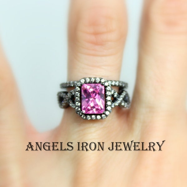 Black Ring Women Pink Sapphire CZ Wedding Engagement Anniversary Promise Rings Unique Set Gothic Gold Filled Jewelry Gift