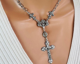 Rosary necklace antique silver large crucifix cross big chain cross necklaces pewter steel Jesus jewelry