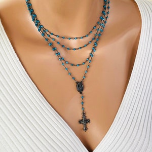 Black rosary necklace turquoise multi strand Cross necklace women miraculous metal Gothic necklaces black cross goth gift