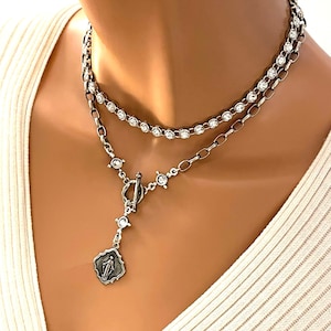 Silver miraculous pendant necklace, antique gold Mary necklace, charm necklace, thick chain choker necklaces, stainless steel pewter, Gift