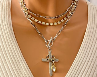 Sterling Silver Rosary Necklace Seven Swords and Mary Cross