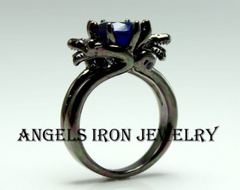 Black Gold Ring Women Wedding Engagement Anniversary Promise Rings Blue Sapphire Unique Gothic Jewelry Women Gift for her