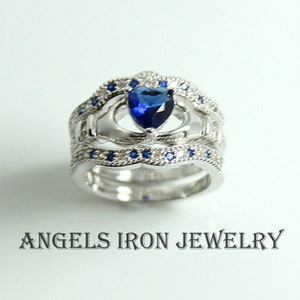 Silver Claddagh Ring Set Women Blue Sapphire Heart Irish Celtic Rings Wedding Engagement Promise Silver Jewelry Unique Gift for Her
