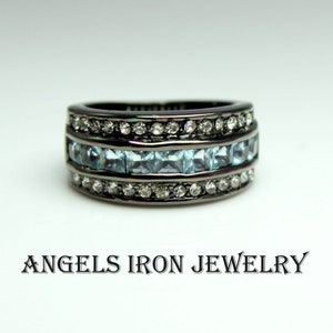 Black Band Women Blue CZ Wedding Engagement Promise Eternity Ring Anniversary Bands Unique Jewelry Gothic Steampunk