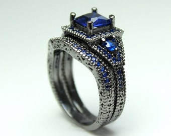 Black Gold Ring Set Princess Cut  Blue Sapphire Engagement Wedding Promise Rings Unique Gothic Jewelry Women Gift for her