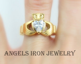 Gold Claddagh Ring, Zirconia Heart, Stainless Steel Irish Celtic Jewelry