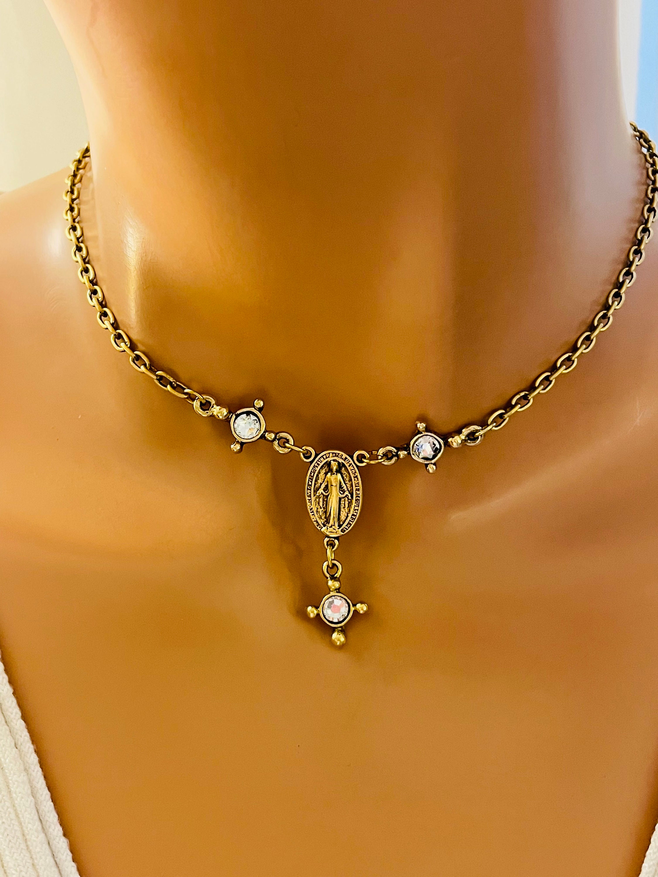 Antique gold rosary necklace, Mary miraculous metal, rosary necklaces, rosary choker necklace, antique silver miraculous necklace protection