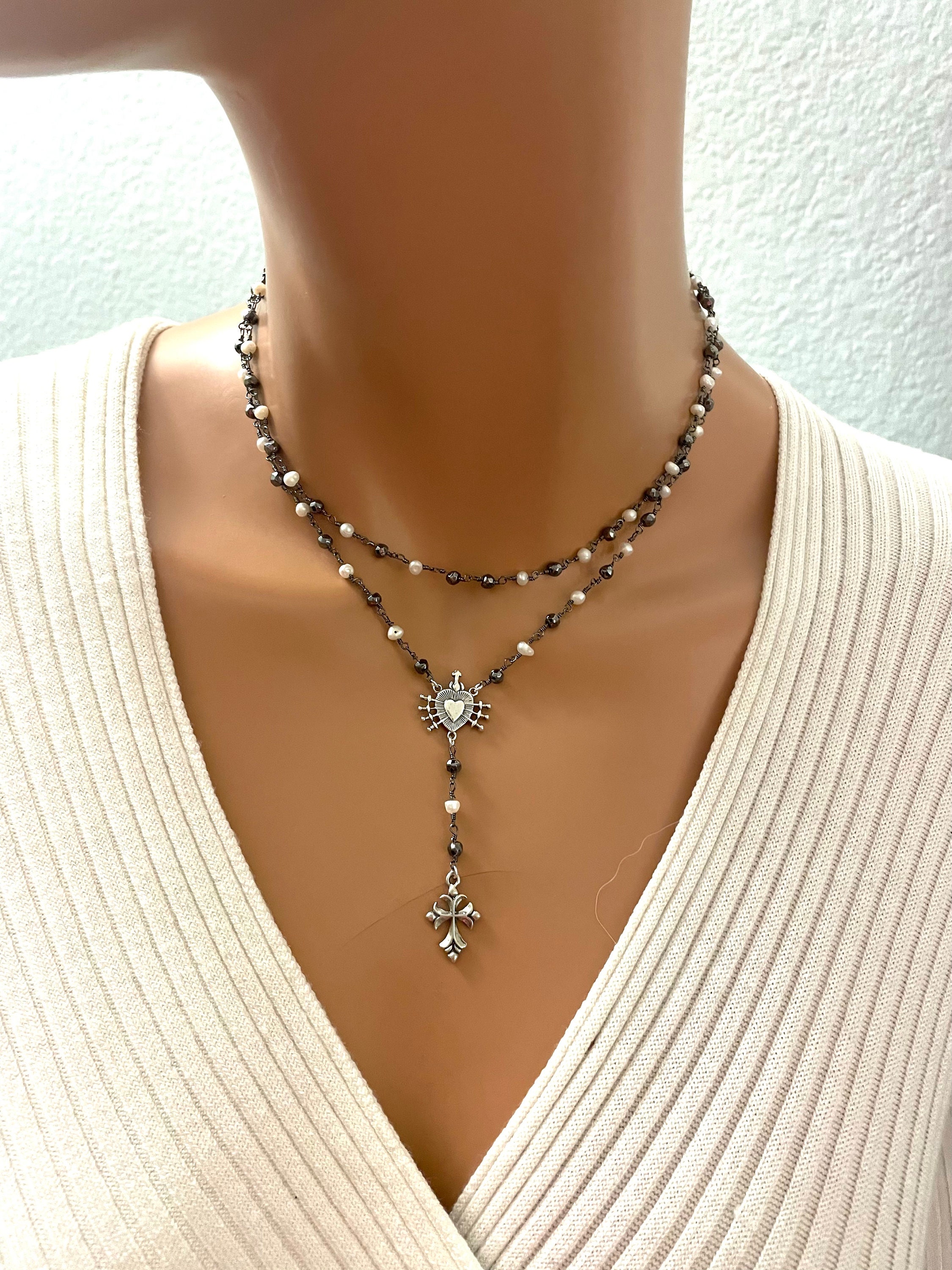 Sterling Silver Rosary Necklace Seven Swords and Mary Cross