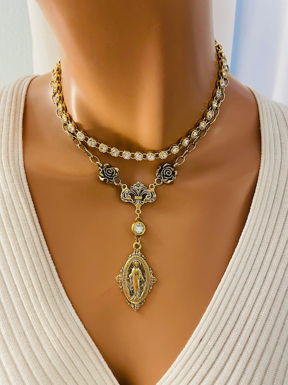 Gold Mary miraculous necklace set, antique silver rosary necklace, gold rosary necklaces, pewter steel Catholic jewelry