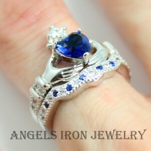 Claddagh Ring Sterling Silver Set Women Blue Sapphire Heart Irish Celtic Rings Wedding Engagement Promise Silver Jewelry Unique Gift for Her
