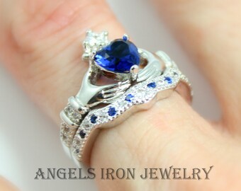 Claddagh Ring Sterling Silver Set Women Blue Sapphire Heart Irish Celtic Rings Wedding Engagement Promise Silver Jewelry Unique Gift for Her