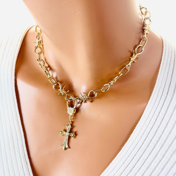 SALE Gold cross necklace barb wire, necklace, choker, necklace, cross, choker, necklace, chokers, CZ cross thick chain necklace