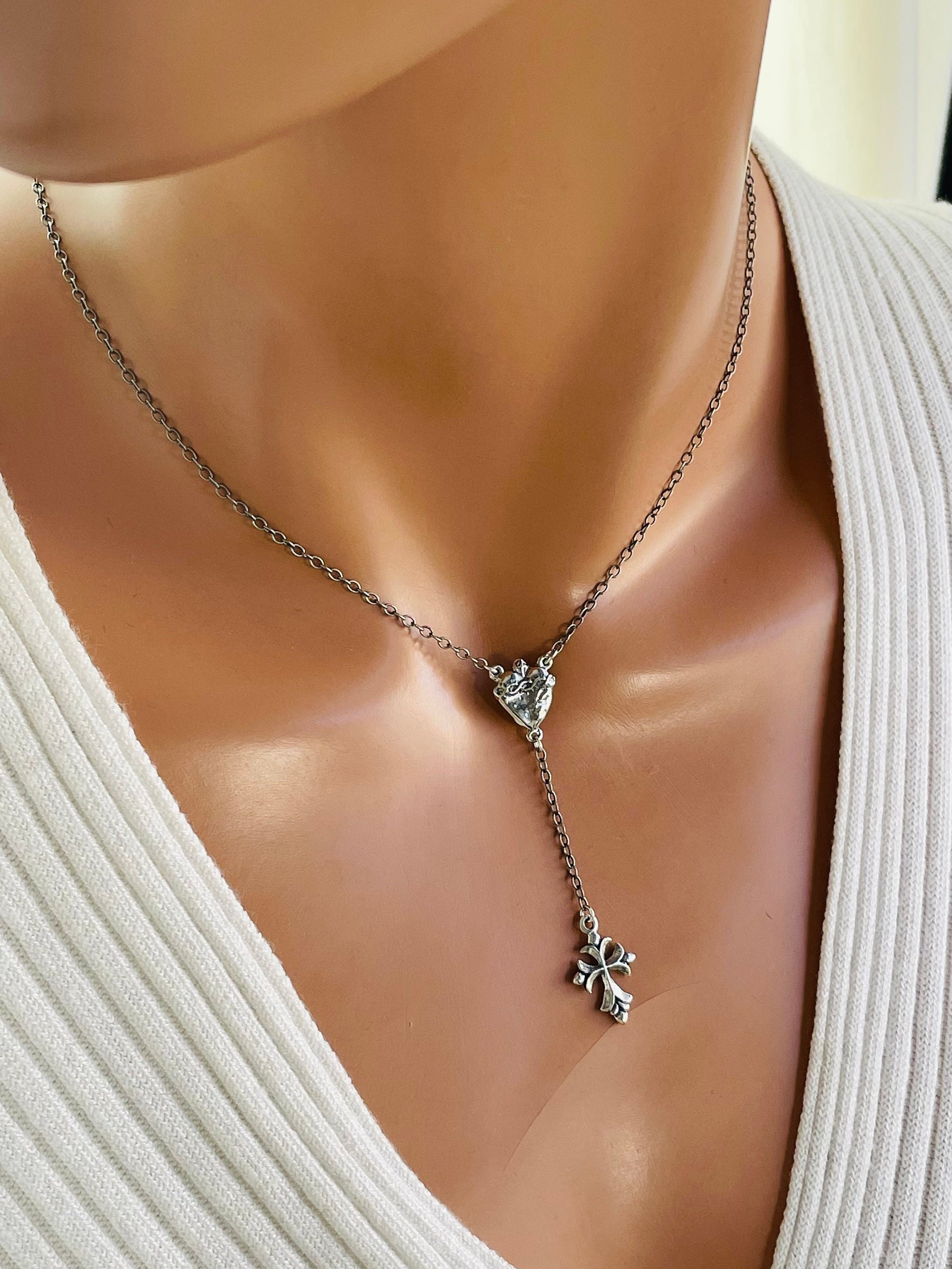 Sterling Silver Rosary Necklace Cross Charm Necklace is Sacred Heart of ...