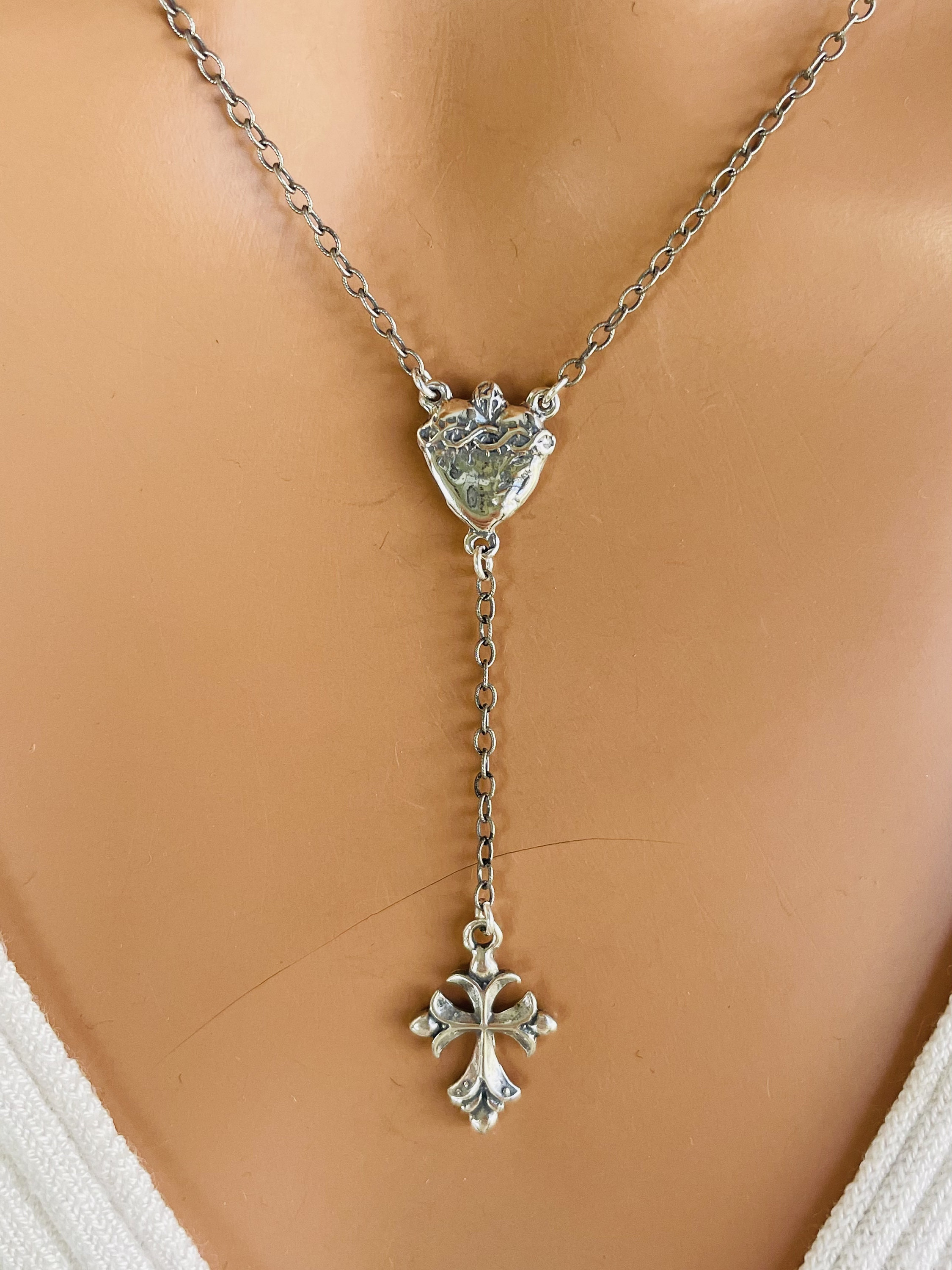 Sterling Silver Rosary Necklace Cross Charm Necklace is Sacred Heart of ...