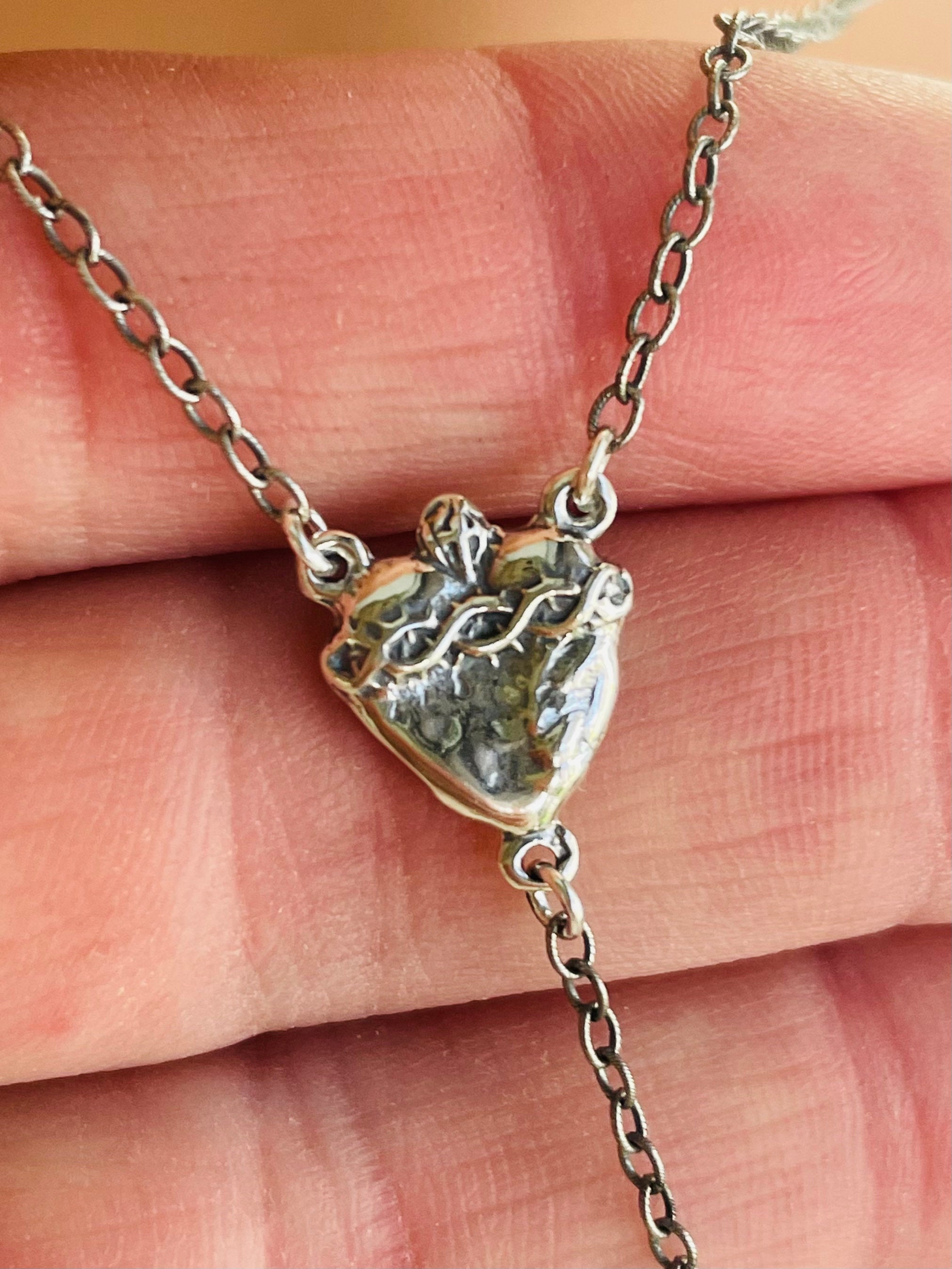 Sterling Silver Rosary Necklace Cross Charm Necklace is Sacred Heart of ...
