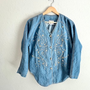 Vintage Monique Fashions 100% cotton embroidered rhinestone denim shirt