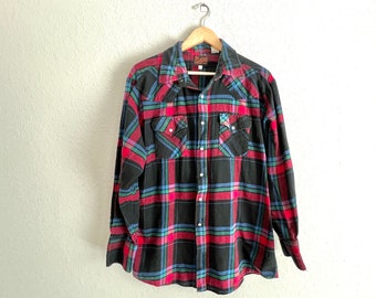 Plains western wear pearl snap plaid button down shirt