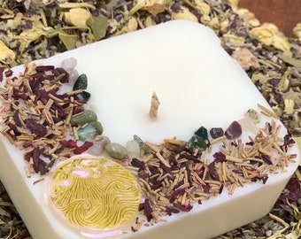 SELF-DISCOVERY Meditative Floating Candle made with Rosemary and Hibiscus Herbs, Stormy Waves Totem and Ocean Jasper Chips