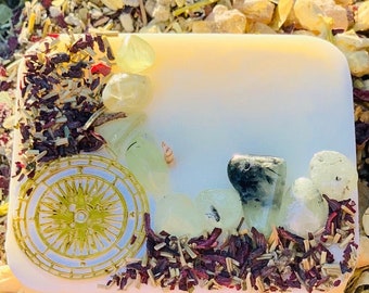 REDIRECT AS NECESSARY Meditative Floating Candle made with Rosemary and Hibiscus Herbs, Compass Totem and Prehnite Chips