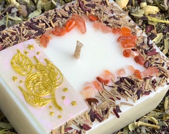 LEGEND Of THE NOMAD Meditative Floating Candle made with Rosemary and Hibiscus Herbs, Snail & Leaf Totem and Carnelian Chips