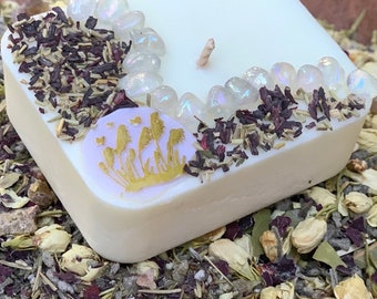 BLESSED DIMENSION Meditative Floating Candle made with Rosemary and Hibiscus Herbs, Reeds Totem and Angel Aura Crystal Chips