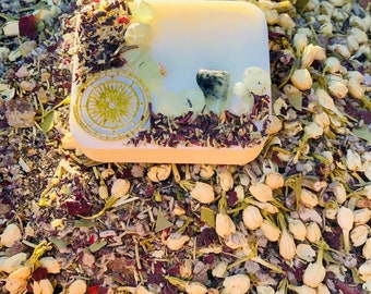 REDIRECT AS NECESSARY Meditative Floating Candle made with Rosemary and Hibiscus Herbs, Compass Totem and Prehnite Chips