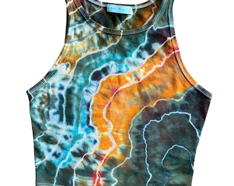 Top corto tie-dye / Mediano / Cuello halter / Geoda / Teñido hielo / Traje de festival / Algodón / Hippie / Naranja / Azul / Terroso / Rave / Ágata