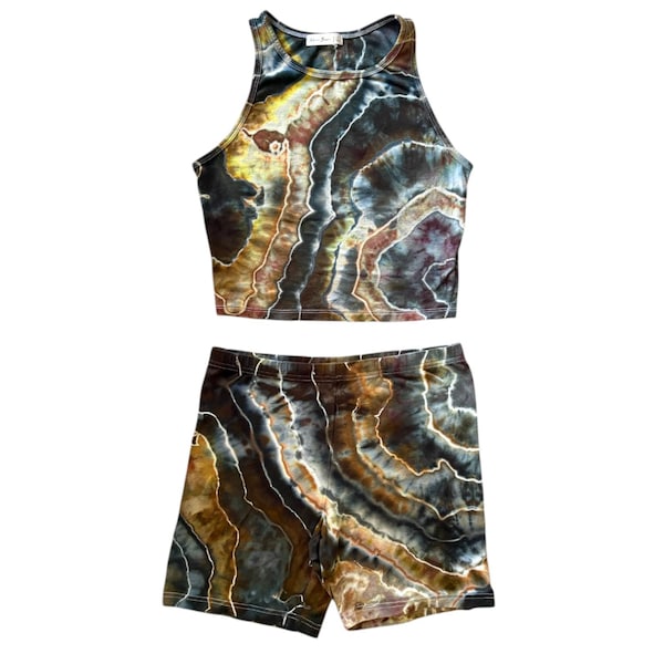 Tie-dye Crop Top and Shorts Set / Large / Matching Set / Geode / Ice Dye / Festival Outfit / Bike Shorts / Hippie / Earthy / Brown