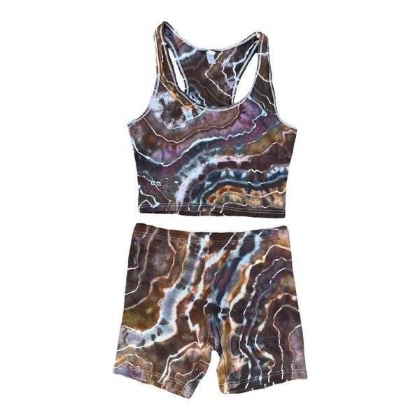 Tie-dye Crop Top and Shorts Set / Large / Matching Set / Geode / Ice Dye / Festival Outfit / Bike Shorts / Hippie / Earthy / Brown