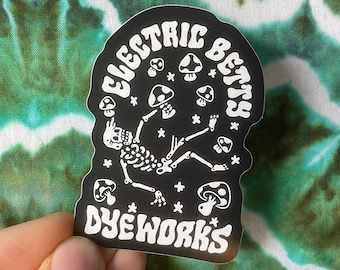 Electric Betty Dyeworks Sticker / Falling Skeleton / Mushrooms / Weatherproof Vinyl