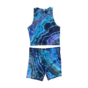 Tie-dye Crop Top and Shorts Set / Medium / Matching Set / Geode / Ice Dye / Festival Outfit / Bike Shorts / Hippie / Earthy / Blue / Purple