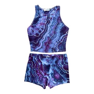 Tie-dye Crop Top and Shorts Set / Medium / Matching Set / Geode / Ice Dye / Festival Outfit / Bike Shorts / Hippie / Earthy / Purple / Blue
