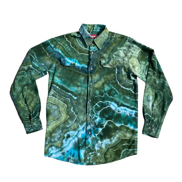 Geode Tie Dye Button-down Shirt / Small / Wrangler / Men's / Ice Dye / Green / Blue / Hippie / Agate / Oxford / Upcycled Clothing