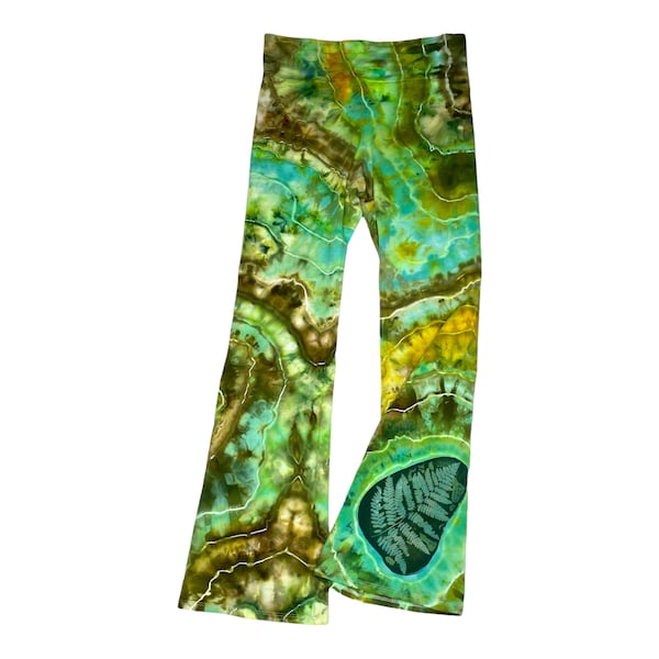 Pantalon de yoga imprimé fougères sur mesure / sur mesure / géode / fusées éclairantes / fond cloche / coton / stretch / tons ocre / teinture glacé / agate / vert