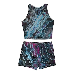 Tie-dye Crop Top and Shorts Set / Large / Matching Set / Geode / Ice Dye / Festival Outfit / Bike Shorts / Hippie / Earthy / Black / Blue