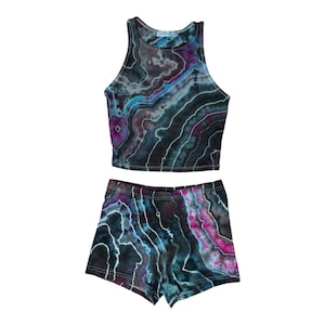 Tie-dye Crop Top and Shorts Set / Small / Matching Set / Geode / Ice Dye / Festival Outfit / Bike Shorts / Hippie / Earthy / Black / Blue