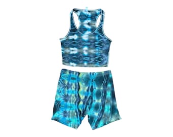 Tie-dye Crop Top and Shorts Set / Large / Matching Set / Psychedelic / Ice Dye / Festival Outfit / Bike Shorts / Hippie / Earthy / Blue