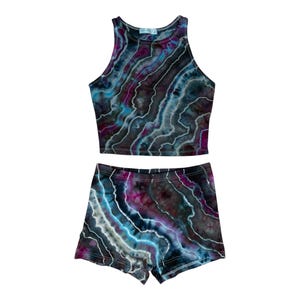 Tie-dye Crop Top and Shorts Set / Medium / Matching Set / Geode / Ice Dye / Festival Outfit / Bike Shorts / Hippie / Earthy / Black / Blue