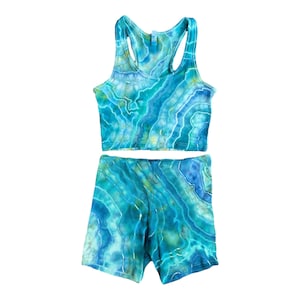 Tie-dye Crop Top and Shorts Set / Large / Matching Set / Geode / Ice Dye / Festival Outfit / Bike Shorts / Hippie / Earthy / Blue / Pastel