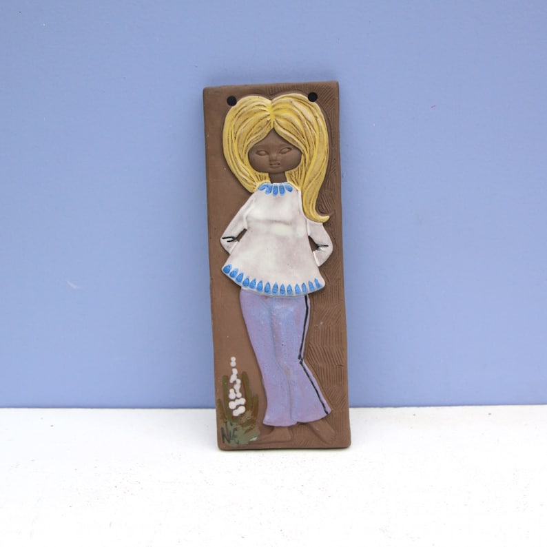 Swedish Ceramic Wall Plaque with Blond Girl made in Sweden Wall Tile from the 60s Bromma Keramik
