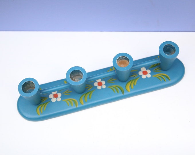 Swedish Blue Advent Candle Holder, Scandinavian Retro Wooden Candle