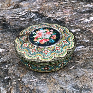 Flower vintage tin canister, floral vintage tin storage, old tin box, shabby mid century