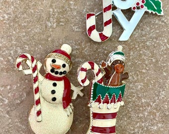 Vintage Christmas Brooches Candy Cane Theme, 3 Pieces Snowman Stocking and Joy #34