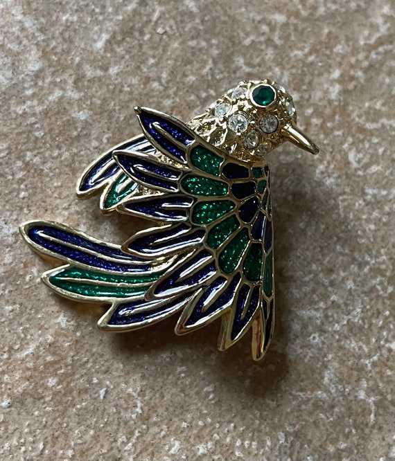 Vintage Enamel Rhinestone Bird Brooch, Blue and G… - image 1