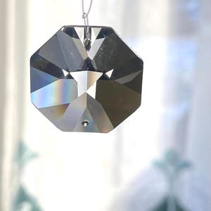 May include: A faceted, octagonal crystal prism with a small hole at the bottom and a wire loop at the top for hanging. The crystal reflects a rainbow of colors. The prism is suspended against a soft, blurred background.