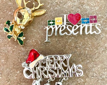 Collection Of 3 Christmas Vintage Holiday Brooches, Reindeer, Merry Christmas, Presents Sign #41