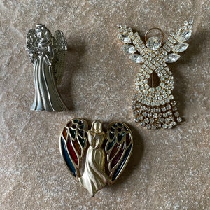 Christmas Angel Brooch Collection, XMAS Angel Pin Lot, 3 Pieces, Vintage and Assorted Coloring